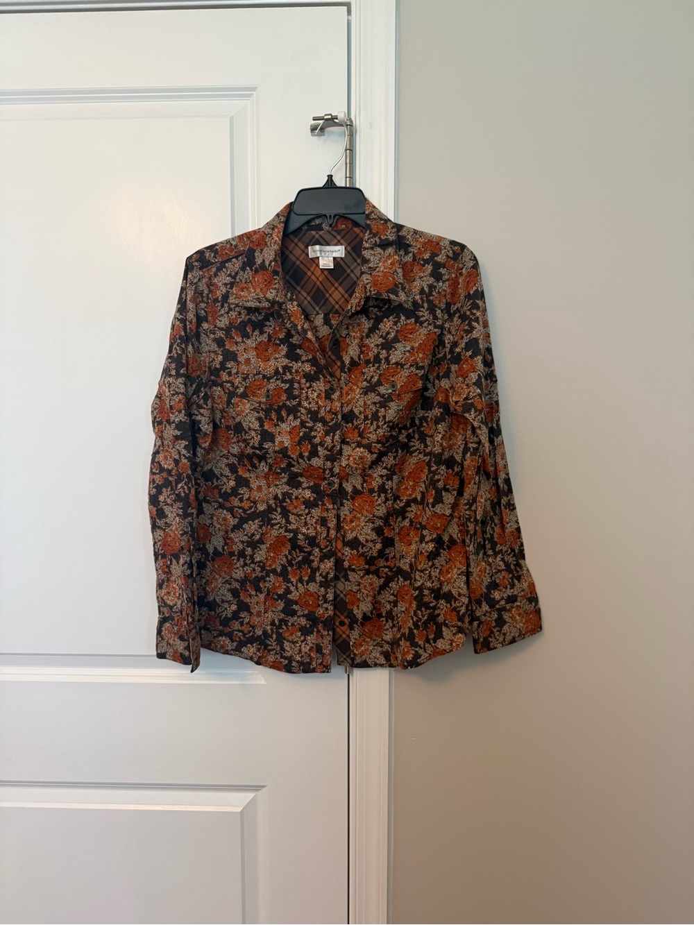 Christopher & Banks Black Button-Down Shirt with Rust Floral Print